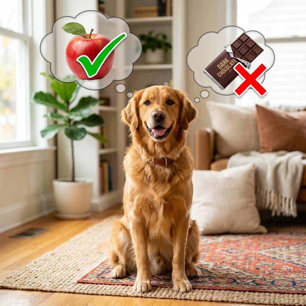 黃金獵犬思考蘋果與巧克力