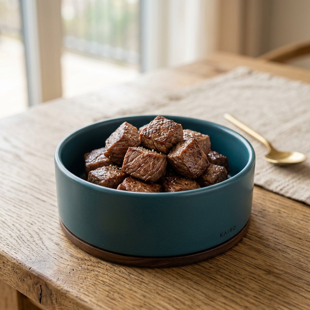 Beautiful freshly prepared 牛肉 inside a modern pet food bowl
