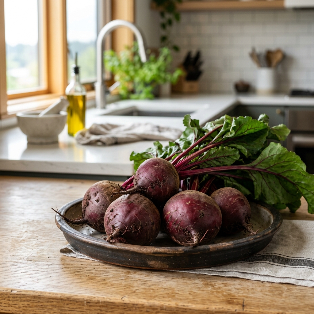 新鮮有機的beet根部在a鄉村風的盤子在a現代的kitchen