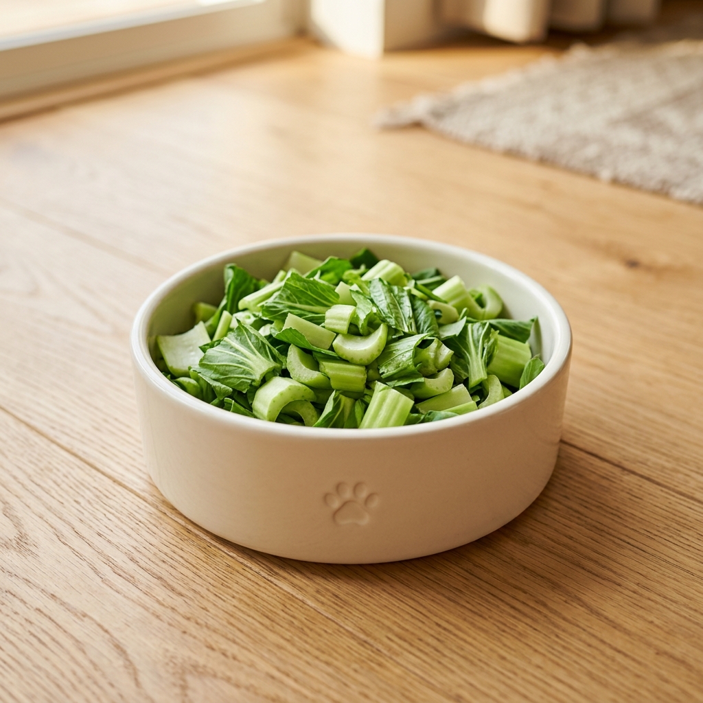 美麗的freshlycut綠色bokchoyleaves精美擺放的在現代寵物碗中