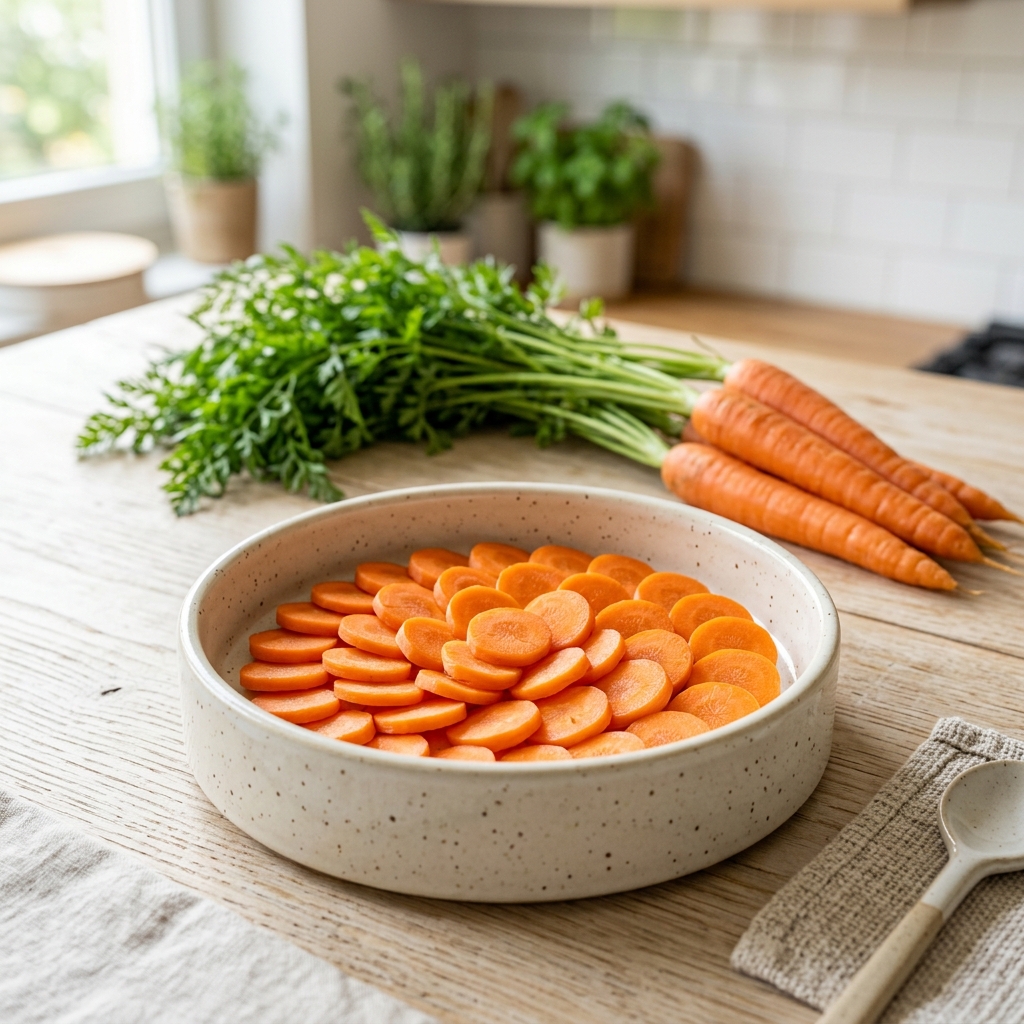 美麗的新鮮切片的carrotrounds精美擺放的在現代寵物碗中
