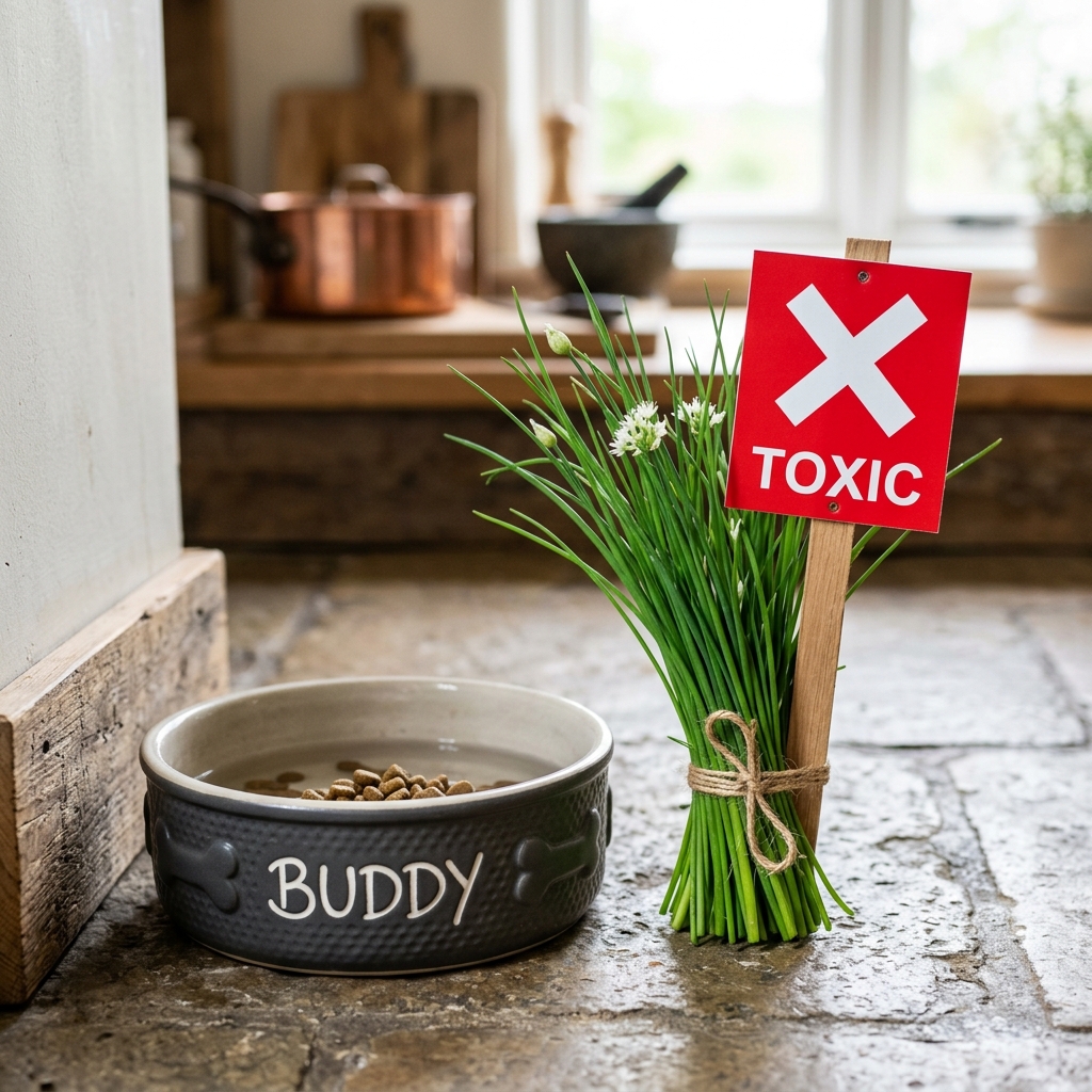 Beautiful freshly prepared 韭菜 inside a modern pet food bowl