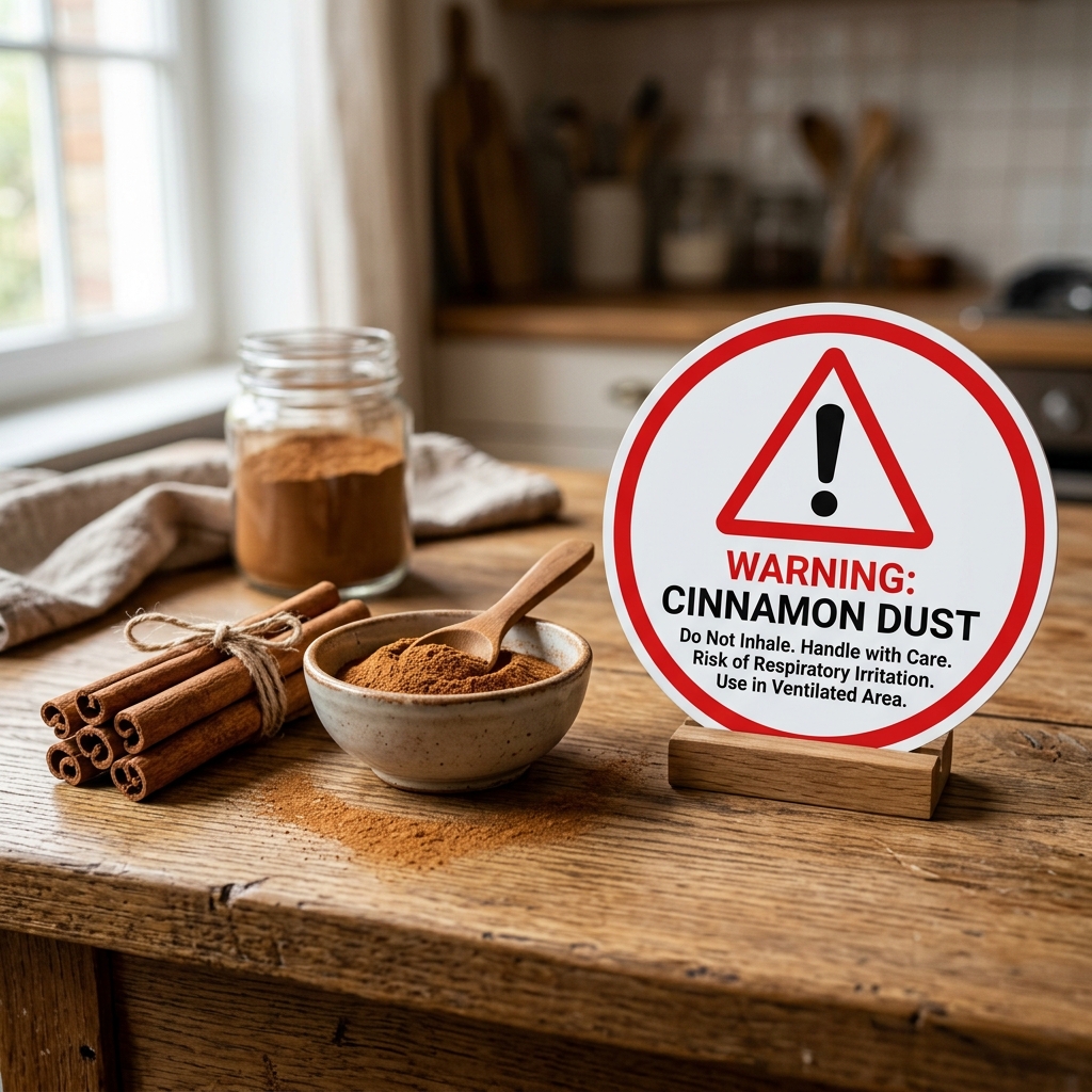 cinnamonsticks與groundcinnamonpowder在木製的桌子帶有警告圖示