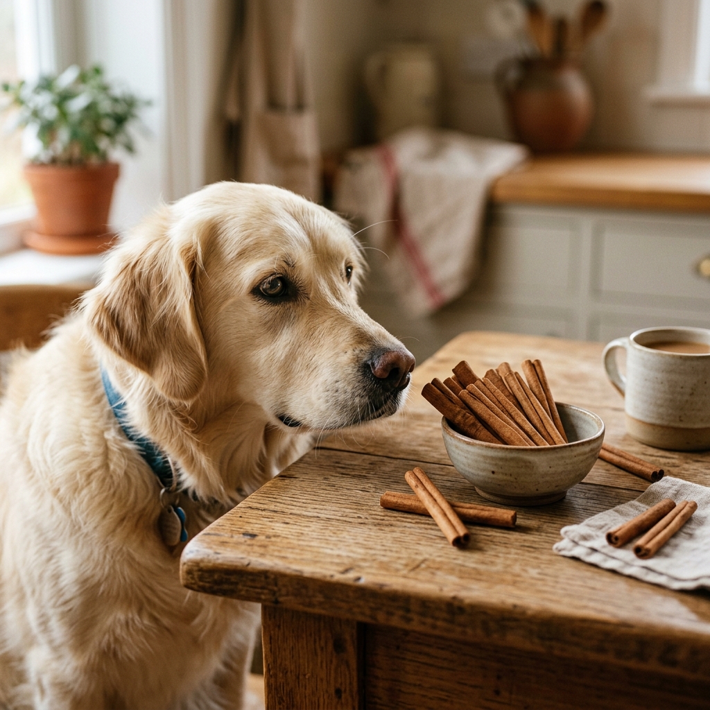 goldenretriever看著curious靠近cinnamonsticks在桌上