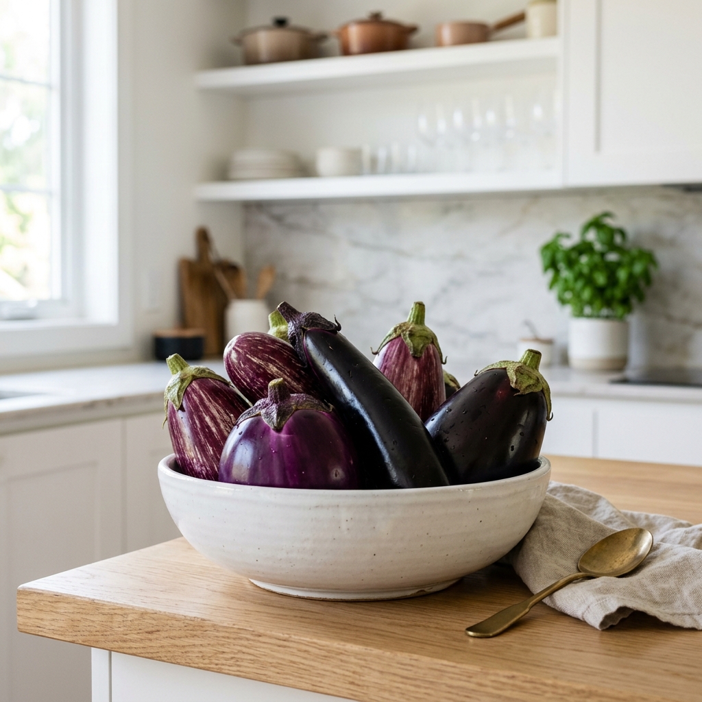 美麗的新鮮的eggplant精美擺放的在a乾淨的白色的碗