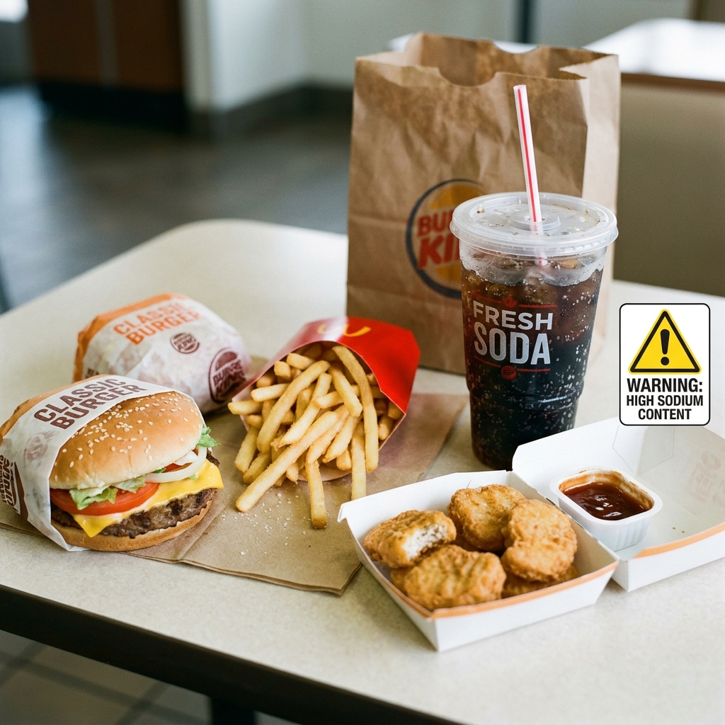 速食burgersfrenchfrieschickennuggets汽水杯子paperbag帶有警告圖示