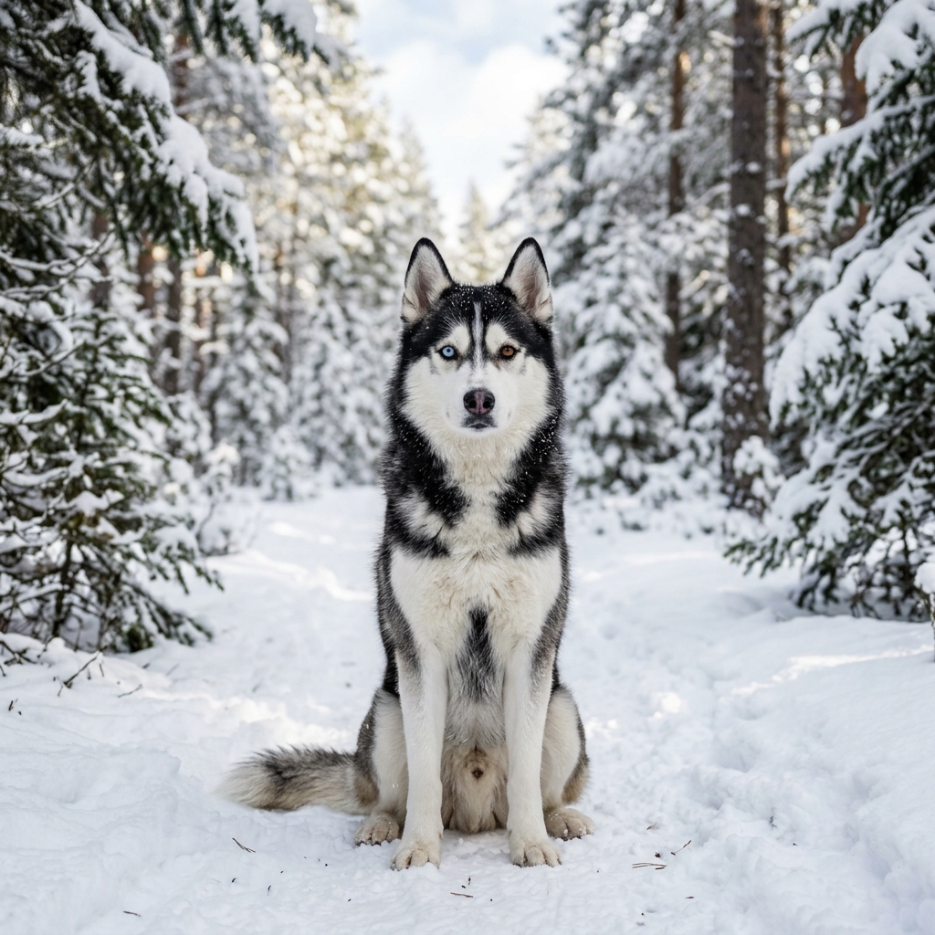 siberianhusky在雪地森林中的