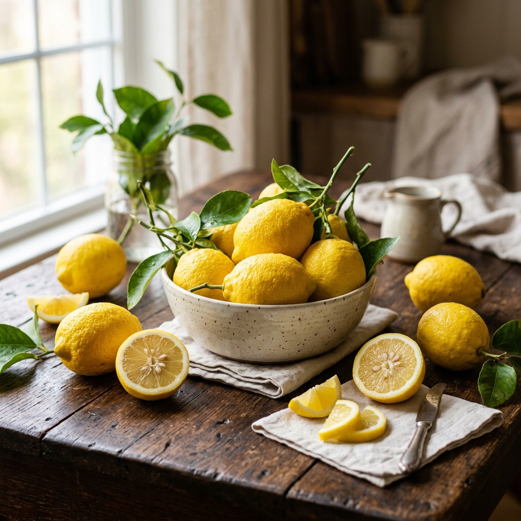 新鮮的lemons在a鄉村木質桌子foodphotography