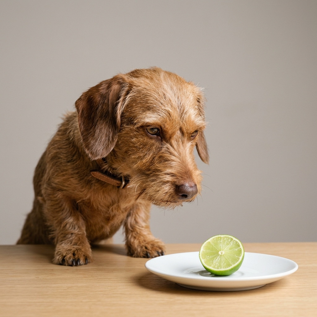 狗狗smelling綠色新鮮的lime切片在a板