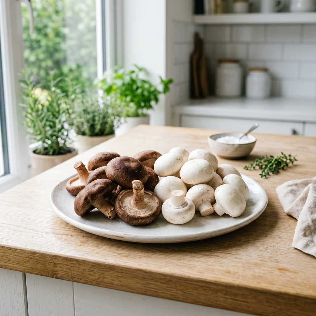 新鮮生的shiitakemushrooms與白色的buttonmushroomsarranged在aminimalist白色的盤子