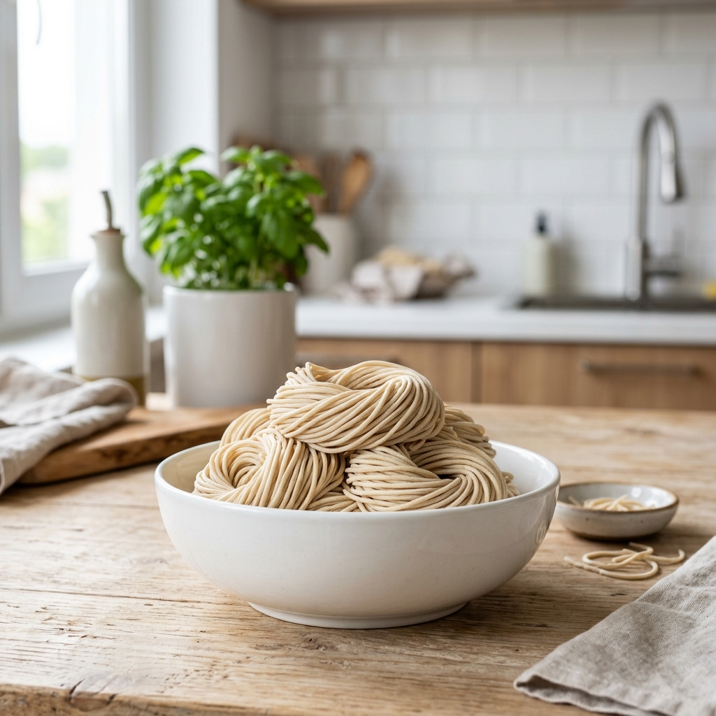 未煮生的wheatnoodles精美擺放的在a乾淨的白色的碗