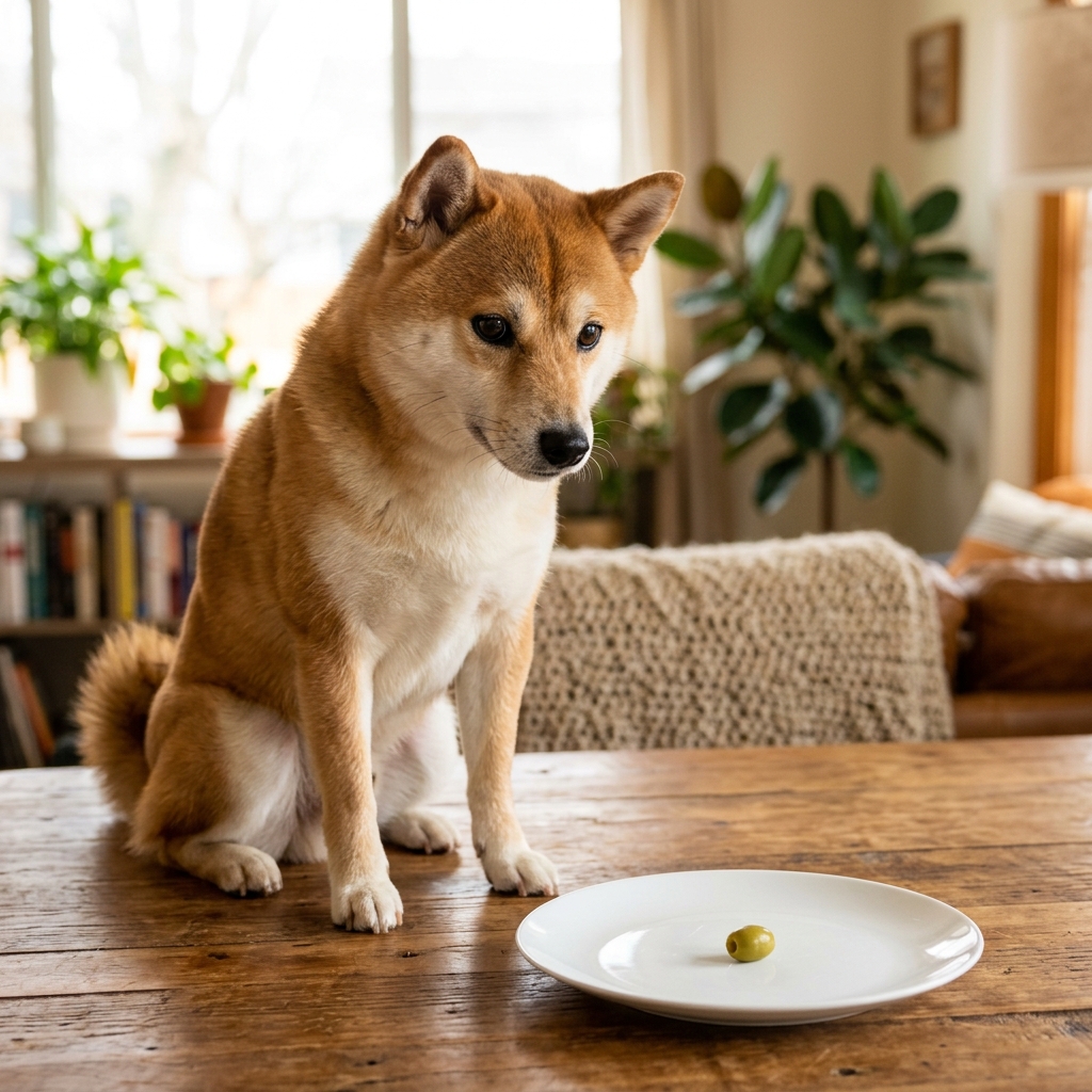 a可愛的shibainu狗狗坐著politely與看著asinglesmallpiece的unsaltedpitted綠色olive在a白色的盤子