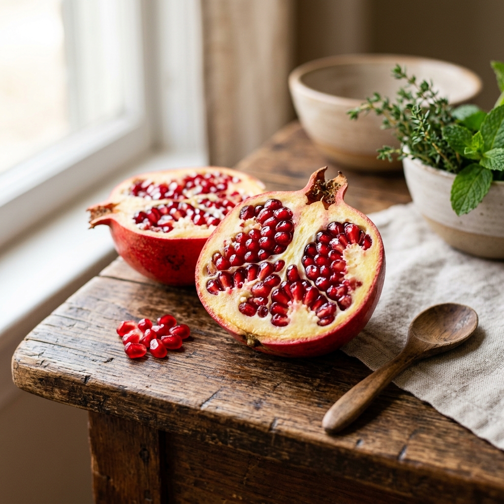新鮮有機的pomegranatecutopenshowing紅色seeds在a桌子
