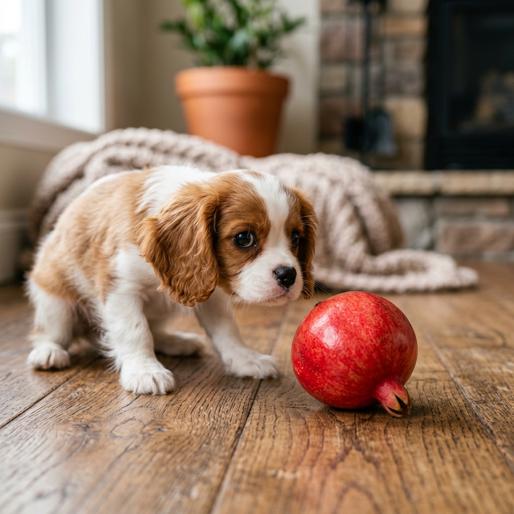 a可愛的狗狗看著a紅色pomegranate在the地板