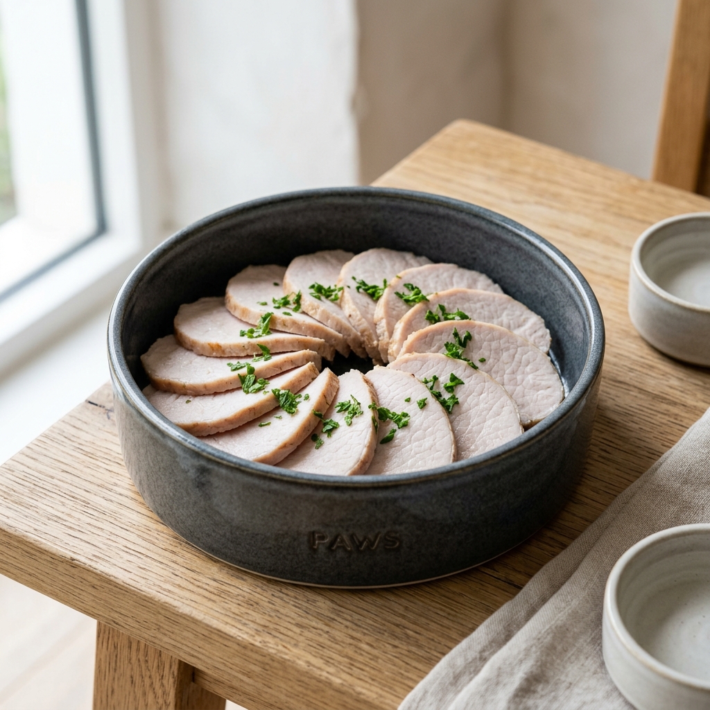 Beautiful freshly prepared 豬肉 inside a modern pet food bowl