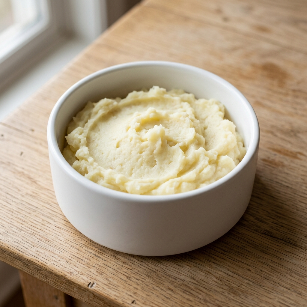 煮熟的peeled與mashedpotatoes在寵物碗中