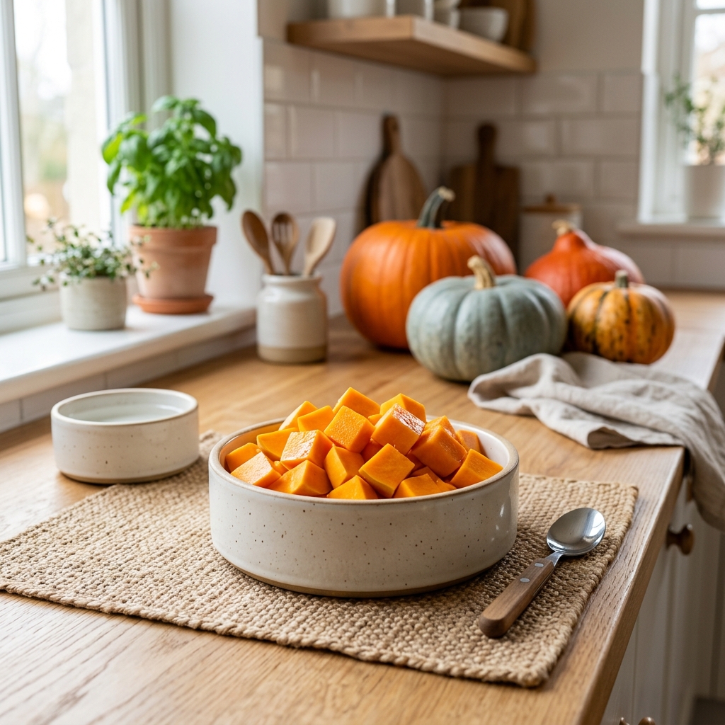 美麗的freshlycutpumpkinpieces精美擺放的在現代寵物碗中
