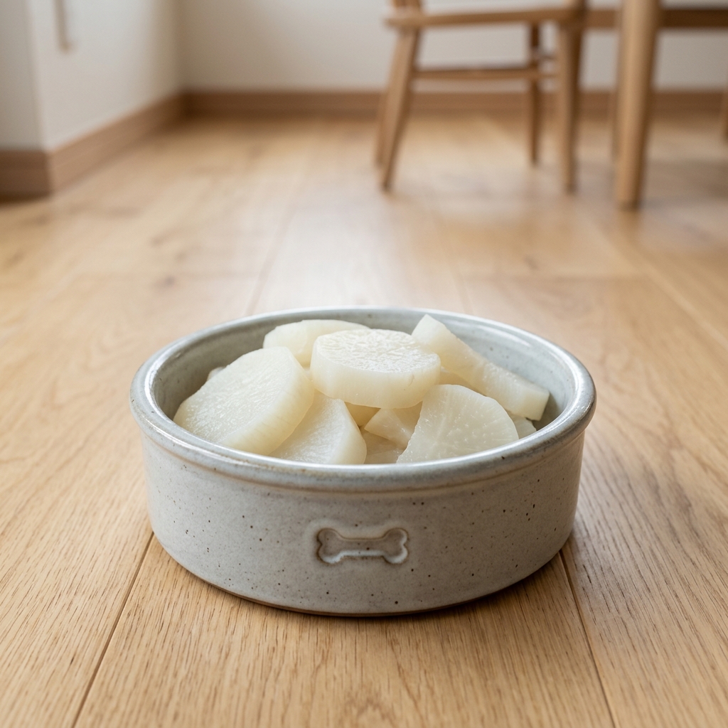 水煮的白色的radish切片在a寵物fooddish