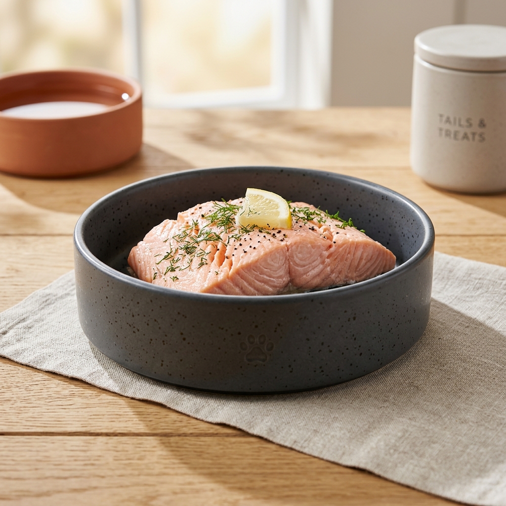 Beautiful freshly prepared 鮭魚 inside a modern pet food bowl