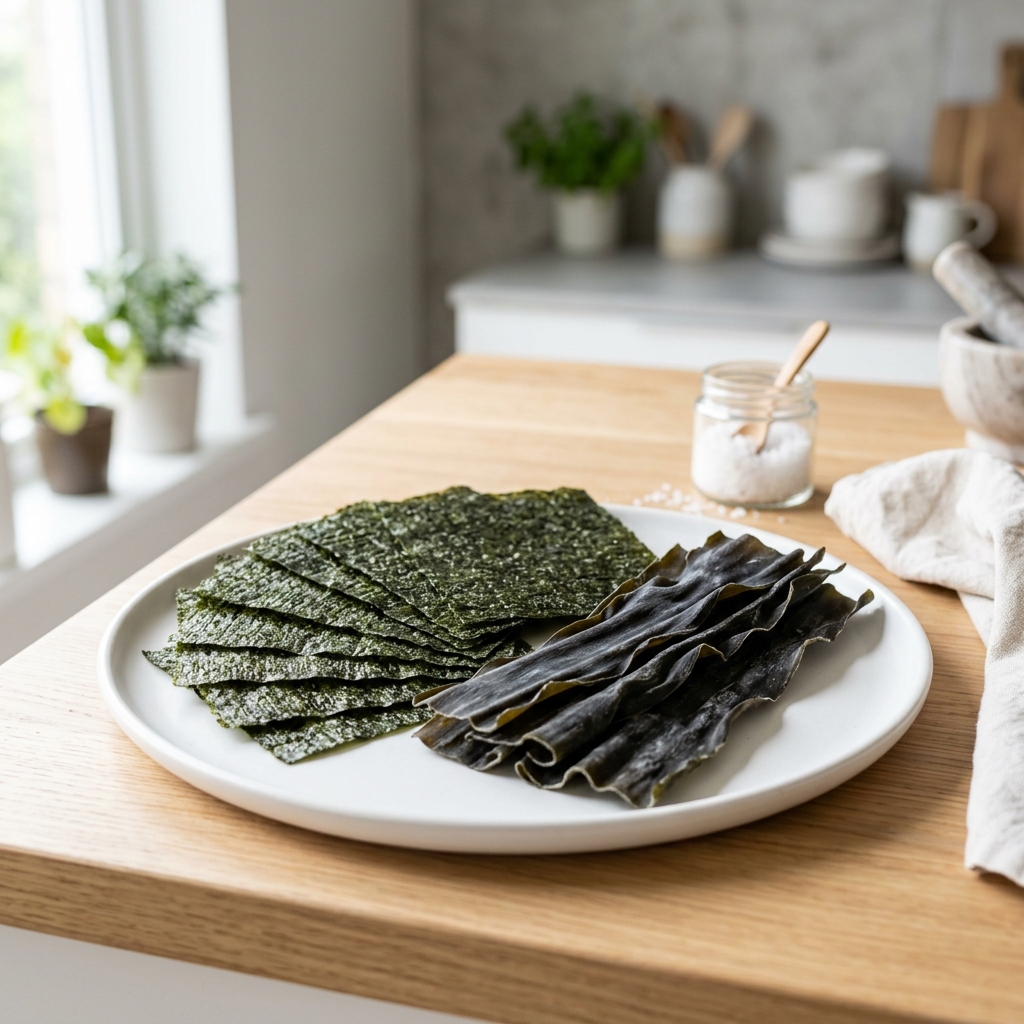 乾淨的driednoriseaweedsheets與kelpstrips精美擺放的在a現代的盤子