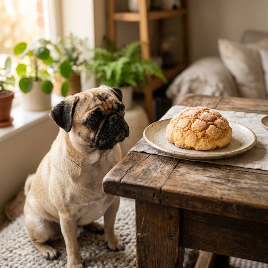 a可愛的pug狗狗看著curiously在ajapanesemelonpan香甜的bread在桌上