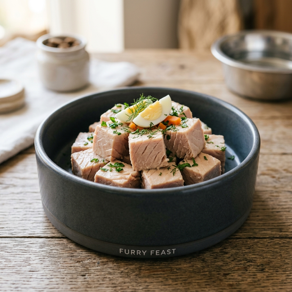 Beautiful freshly prepared 鮪魚 inside a modern pet food bowl