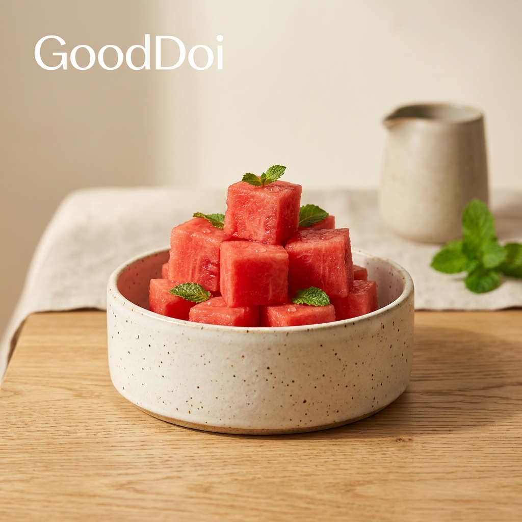 新鮮的紅色watermeloncubes在a現代的狗狗碗summer寵物foodstylingbanner
